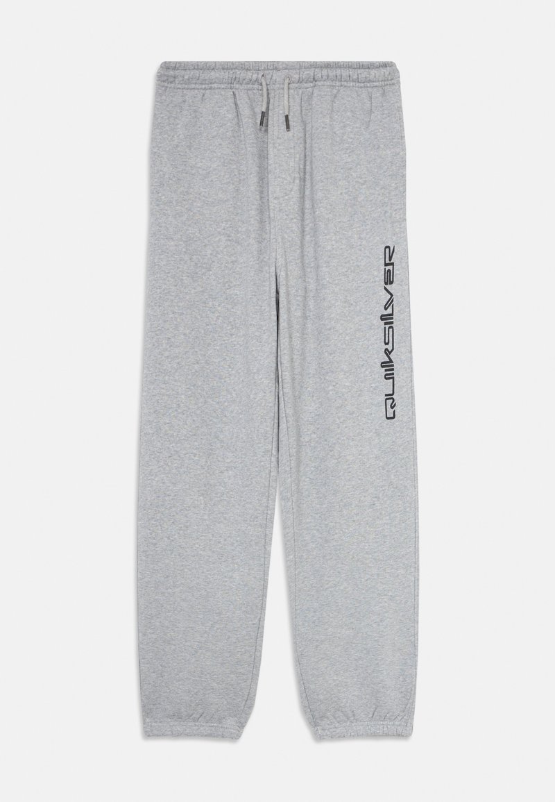 Gai pelēki sporta bikses ar elastīgu jostasvietu un aprocēm, ar melnu vertikālu "Quiksilver" logo uz labās kājas.