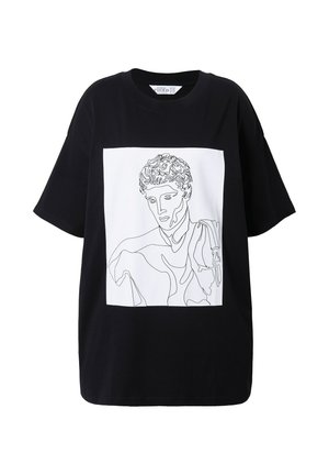 Czarny, oversize T-shirt wykonany z bawełny, z białą kwadratową grafiką przedstawiającą rysunek mężczyzny wykonany jedną linią.
