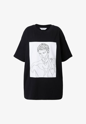 Zwarte oversized T-shirt van katoen met een witte vierkante grafiek met een continue lijntekening van een mannelijk figuur.