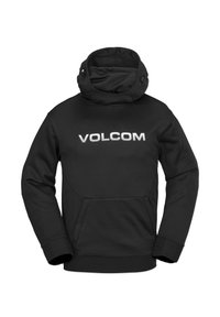 Black hoodie with a high collar and drawstrings. Features a kangaroo pocket and white "VOLCOM" logo across the chest. Made of soft fabric.