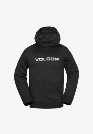 Hoodie noir avec un col haut et des cordons de serrage. Doté d'une poche kangourou et d'un logo "VOLCOM" blanc sur la poitrine. Fabriqué en tissu doux.