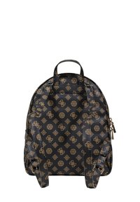 Mochila negra con patrón dorado ornamentado, correas ajustables dobles, asa superior, cierre con cremallera y material sintético texturizado.