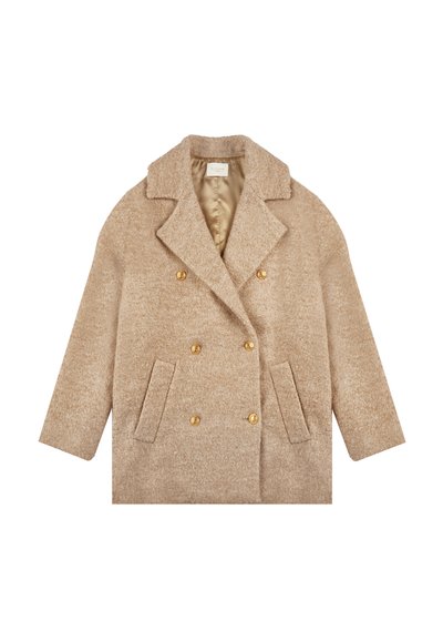 Beżowy, dwurzędowy płaszcz wykonany z teksturowanej tkaniny, z złotymi guzikami, szerokimi klapami i dwiema przednimi kieszeniami. Podszewka wewnętrzna.