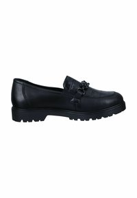 Zapato negro de piel tipo slip-on con parte superior texturizada, que cuenta con una correa decorativa y una suela de goma resistente para estabilidad y agarre.