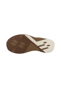 Semelle de chaussure avec une base en caoutchouc brun, un motif texturé, des accents blancs contrastants et un design de semelle géométrique distinct.