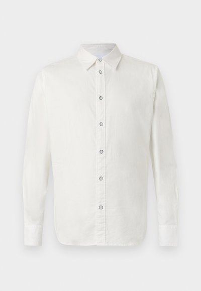Witte langwerpige shirt met lange mouwen, knopen aan de voorkant met vijf bijpassende knopen, een klassieke kraag en een gladde, gestructureerde stof.