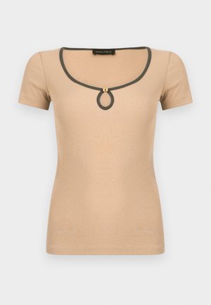Fitted beige ribbed short-sleeve top with dark trim around scoop neckline and small gold button detail at front center.