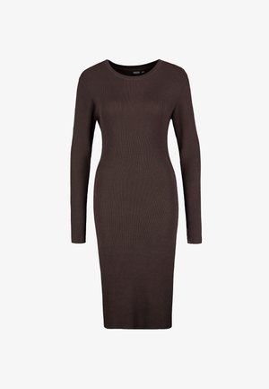 Langärmeliges, geripptes Kleid in Dunkelbraun. Rundhalsausschnitt und figurbetonte Passform. Weiche und dehnbare Stoffstruktur, knielanges Design.