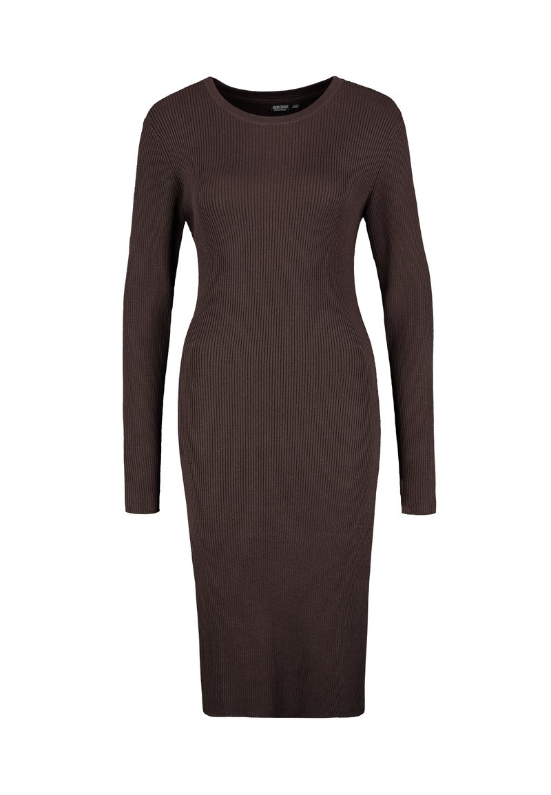 Langärmeliges, geripptes Kleid in Dunkelbraun. Rundhalsausschnitt und figurbetonte Passform. Weiche und dehnbare Stoffstruktur, knielanges Design.