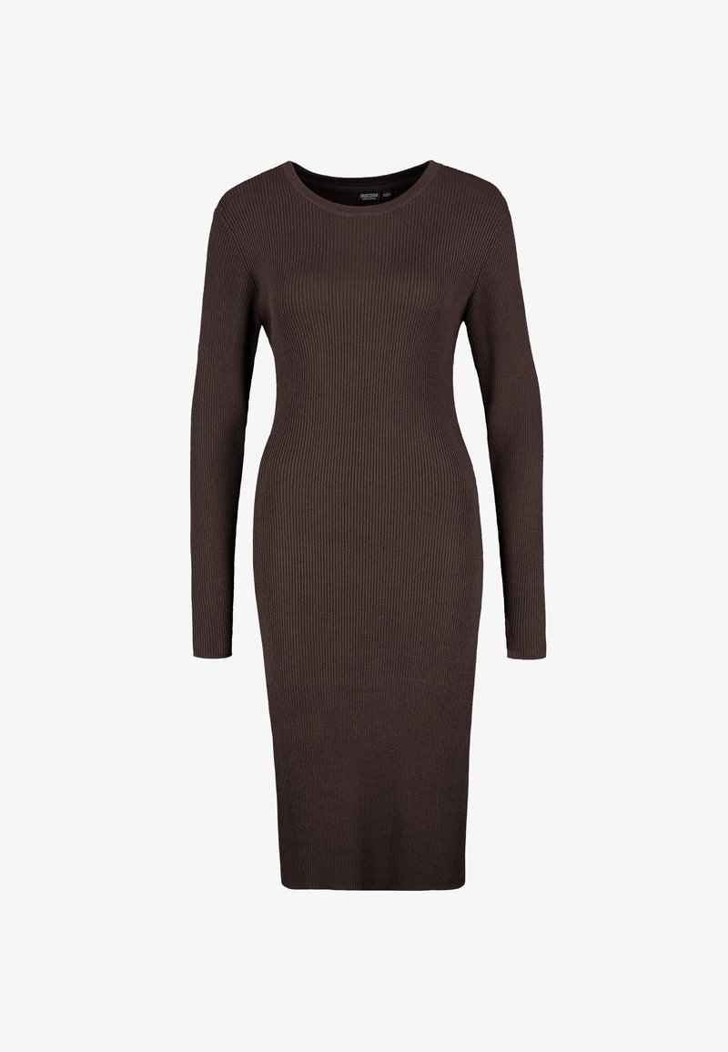 Langärmeliges, geripptes Kleid in Dunkelbraun. Rundhalsausschnitt und figurbetonte Passform. Weiche und dehnbare Stoffstruktur, knielanges Design.