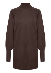 Hnědý pletený svetr s vysokým límcem, raglánovými rukávy a nabíranými manžetami. Tkanina má hladkou texturu a volný střih.