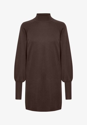 Brown knit sweater with a high collar, raglan sleeves, and puffed cuffs. Fabric has a smooth texture and a relaxed fit.