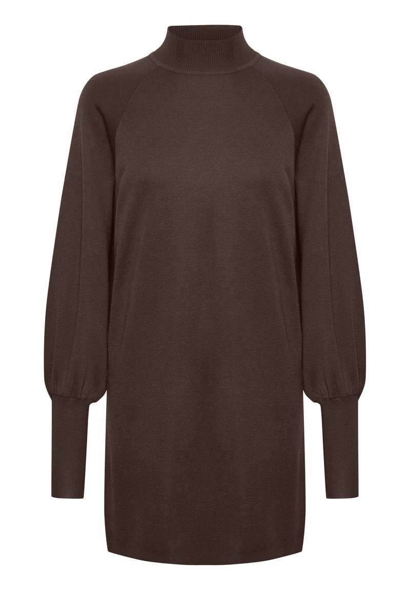 Hnědý pletený svetr s vysokým límcem, raglánovými rukávy a nabíranými manžetami. Tkanina má hladkou texturu a volný střih.