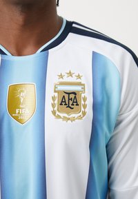 Nærbilde av en Argentina fotballdrakt med blå og hvite striper som viser FIFA 2022 verdensmestermerket og AFA-emblemet med tre gullstjerner.