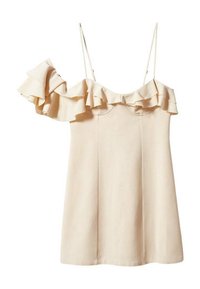 Robe sans manches crème avec une épaule à volants, corsage ajusté et texture lisse. Comprend de fines bretelles réglables et un ourlet droit.