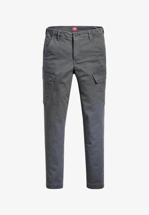 Pantalons cargo en coton gris avec une coupe droite, dotés de deux grandes poches latérales et d'une fermeture à bouton. Texture lisse et passants de ceinture.