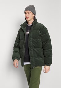 Dark green puffer jacket featuring a stand collar, quilted design, ribbed cuffs, and a zippered front. Worn over a black sweatshirt and green pants.