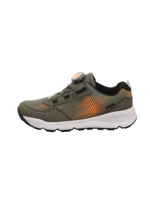 Green athletic shoe with mesh upper featuring orange accents, a rounded toe, and a secure lacing system. White midsole with textured grip.