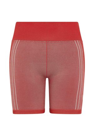 Red athletic shorts with a wide waistband, featuring white stitching accents on the sides. Made from stretchable fabric, smooth texture.