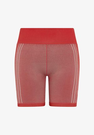 Pantalones cortos deportivos rojos con una cinturilla ancha, que presentan detalles de costura blanca en los laterales. Hechos de un tejido elástico, con una textura suave.