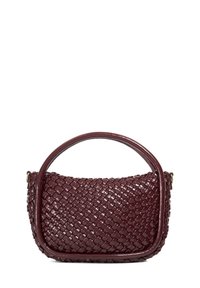 Dark red leather handbag with woven pattern and rounded top handle, structured shape, and solid texture.