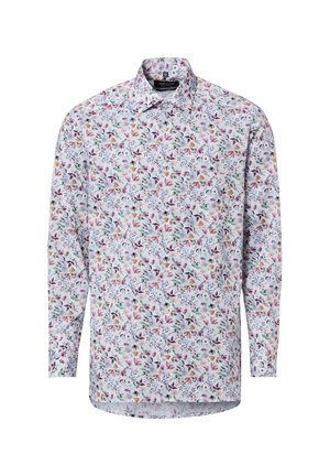 Herenoverhemd met lange mouwen, wit van kleur met een kleine, meerkleurige bloemmotief, voorzien van een puntkraag en standaard manchetten.
