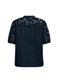 Blusa blu navy scuro con maniche a sbuffo corte. Il davanti presenta dettagli in pizzo floreale, il retro è solido e con orlo arrotondato. Realizzata in un tessuto leggero.