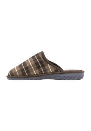 Pantofole a quadri marroni realizzate in morbido tessuto con soletta imbottita, dotate di suola in gomma per una buona presa e di un design slip-on.