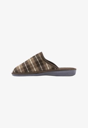 Pantofole a quadri marroni realizzate in morbido tessuto con soletta imbottita, dotate di suola in gomma per una buona presa e di un design slip-on.