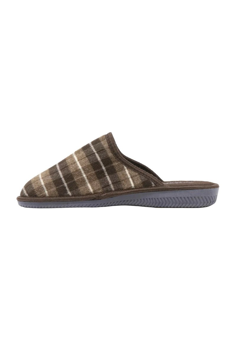 Pantofole a quadri marroni realizzate in morbido tessuto con soletta imbottita, dotate di suola in gomma per una buona presa e di un design slip-on.