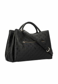 Bag a tracolla nera con motivo in rilievo, doppi manici superiori, tracolla regolabile e tasca frontale con zip. Materiale sintetico liscio.