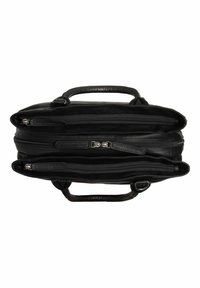 Musta nahkabäg, jossa on kaksi vetoketjua, kaksoiskahvat ja suorakulmainen muoto. Sileä pinta ja hyvin huomaamaton ompelu.