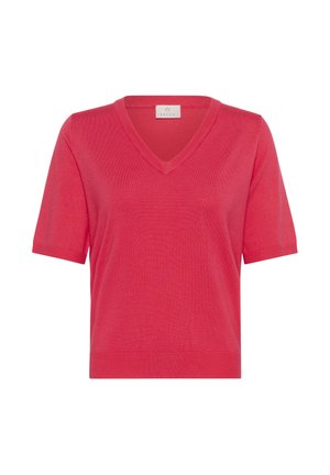 V-Ausschnitt, kurzärmliges Oberteil in leuchtendem Pink, aus weichem Strickmaterial; verfügt über eine glatte Textur und einen geraden Saum. Das Etikett ist oben.