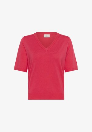 Haut à col en V, à manches courtes, en rose vif, fabriqué en tissu tricoté doux ; présente une texture lisse et un ourlet droit. Les étiquettes sont en haut.