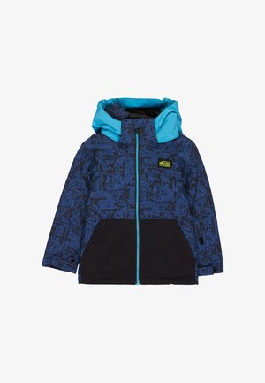 Veste pour enfant à motif bleu et noir avec capuche bleu vif, fermeture éclair à l'avant, et grandes poches noires sur le devant, isolée sur fond blanc.