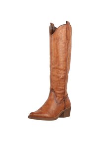 Botas de cowboy altas de cuero tostado con un intrincado bordado, punta afilada y tacón cuadrado. Cuentan con tiradores para facilitar el uso.