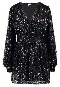 Svart paljettklänning med omslagdesign, långa ärmar och insvängd midja. Glittrande textur med djup V-ringning.