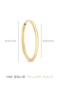 14K massief geelgouden creolen, cirkelvormig ontwerp, diameter 22 mm, gladde oppervlakte, lichtgewicht en voorzien van een eenvoudige sluitmechanisme.