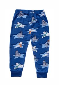 Blue pajama pants with polar bears and walruses in winter attire. Features a stretchy waistband and cuffs, made from soft fabric.