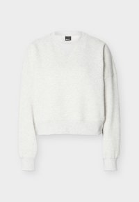 Ανοιχτό γκρι κοντή μπλούζα με στρογγυλή λαιμόκοψη, μακριά μανίκια και ριμπ μανσέτες και τελείωμα.