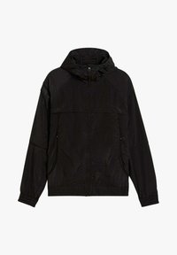 Giacca nera leggera con cappuccio, presenta polsini e orlo elastici, due tasche laterali e una texture liscia leggermente lucida.