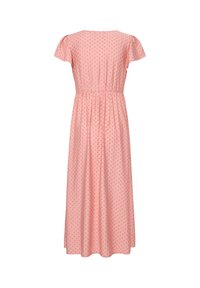 Robe rose à manches courtes, longueur cheville avec petits motifs floraux et taille élastique, vue de dos sur fond blanc.