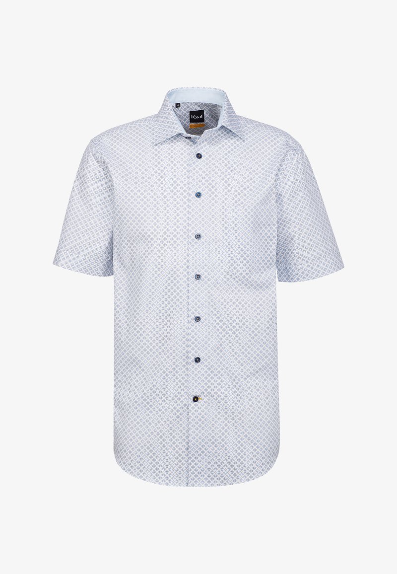 Camicia a maniche corte con bottoni di colore azzurro chiaro e un motivo geometrico, con bottoni blu scuro e colletto classico.