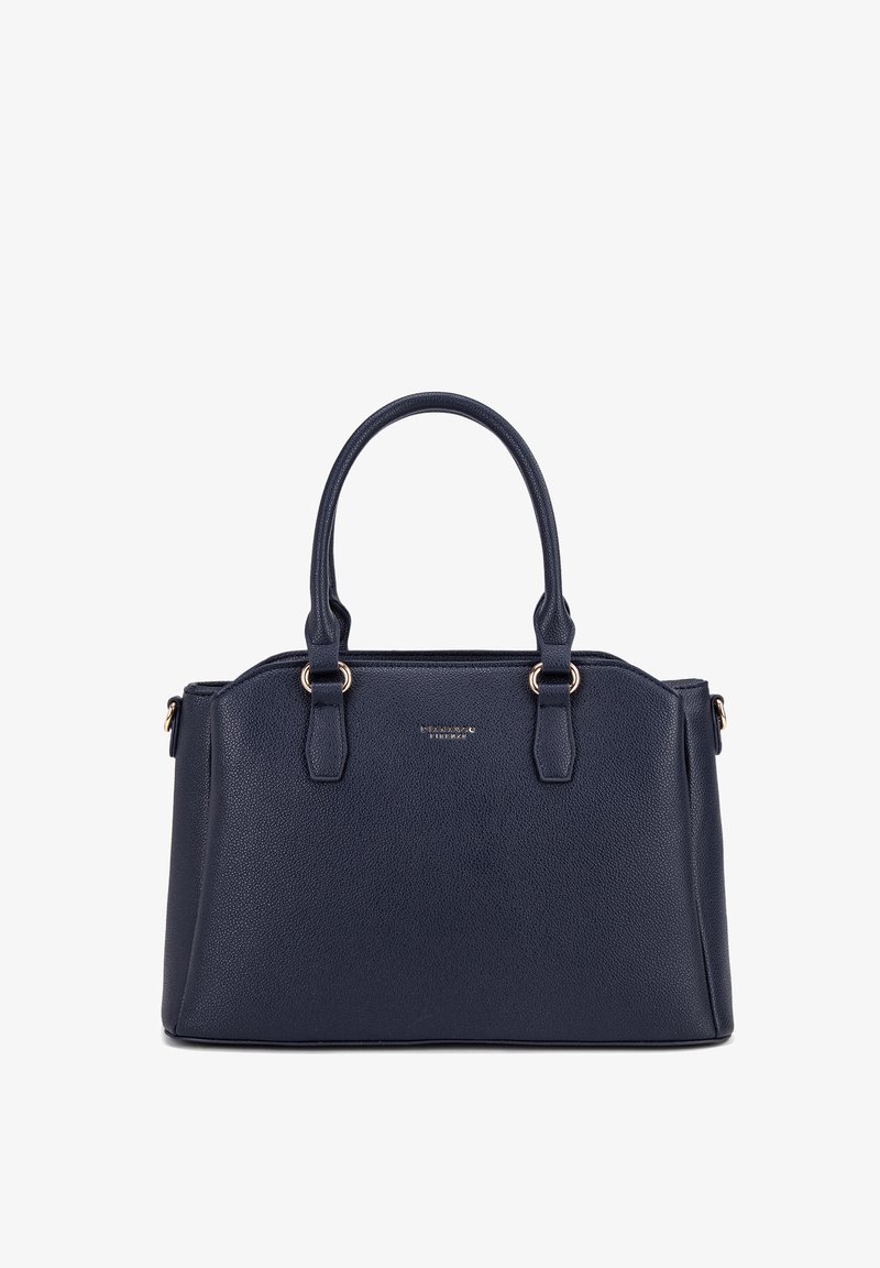 Sac à main structuré bleu marine en cuir grainé, avec deux anses supérieures et des ferrures dorées, avec un détail logo à l'avant.