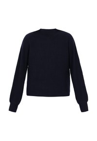 Dunkelblaues, geripptes Strickpullover mit langen Ärmeln und hohem Rundhalsausschnitt, der vertikale und horizontale Texturmuster zeigt.