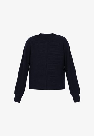 Dunkelblaues, geripptes Strickpullover mit langen Ärmeln und hohem Rundhalsausschnitt, der vertikale und horizontale Texturmuster zeigt.