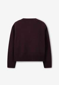 Dunkelburgunderfarbener Strickpullover mit langen Ärmeln sowie gerippten Bündchen und Saum, von hinten auf einem weißen Hintergrund gezeigt.