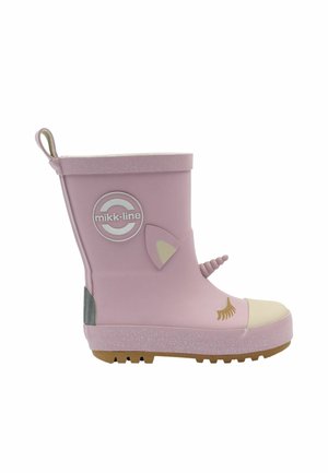 Stivaletto rosa in gomma per bambini con design unicorno, dotato di orecchie, corno e dettagli scintillanti. Suola resistente con texture antiscivolo.