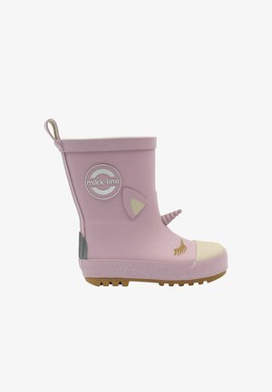 Botte pour enfant en caoutchouc rose avec un design licorne, comprenant des oreilles, une corne et des accents pailletés. Semelle durable avec texture antidérapante.