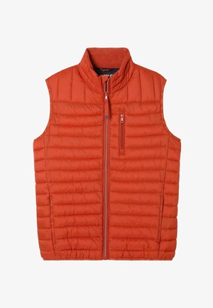 Kamizelka puchowa w jaskrawym pomarańczowym kolorze z wysokim kołnierzem, zamkiem błyskawicznym z przodu i przeszyciami w poziome pasy. Posiada boczne kieszenie oraz kieszeń na piersi.